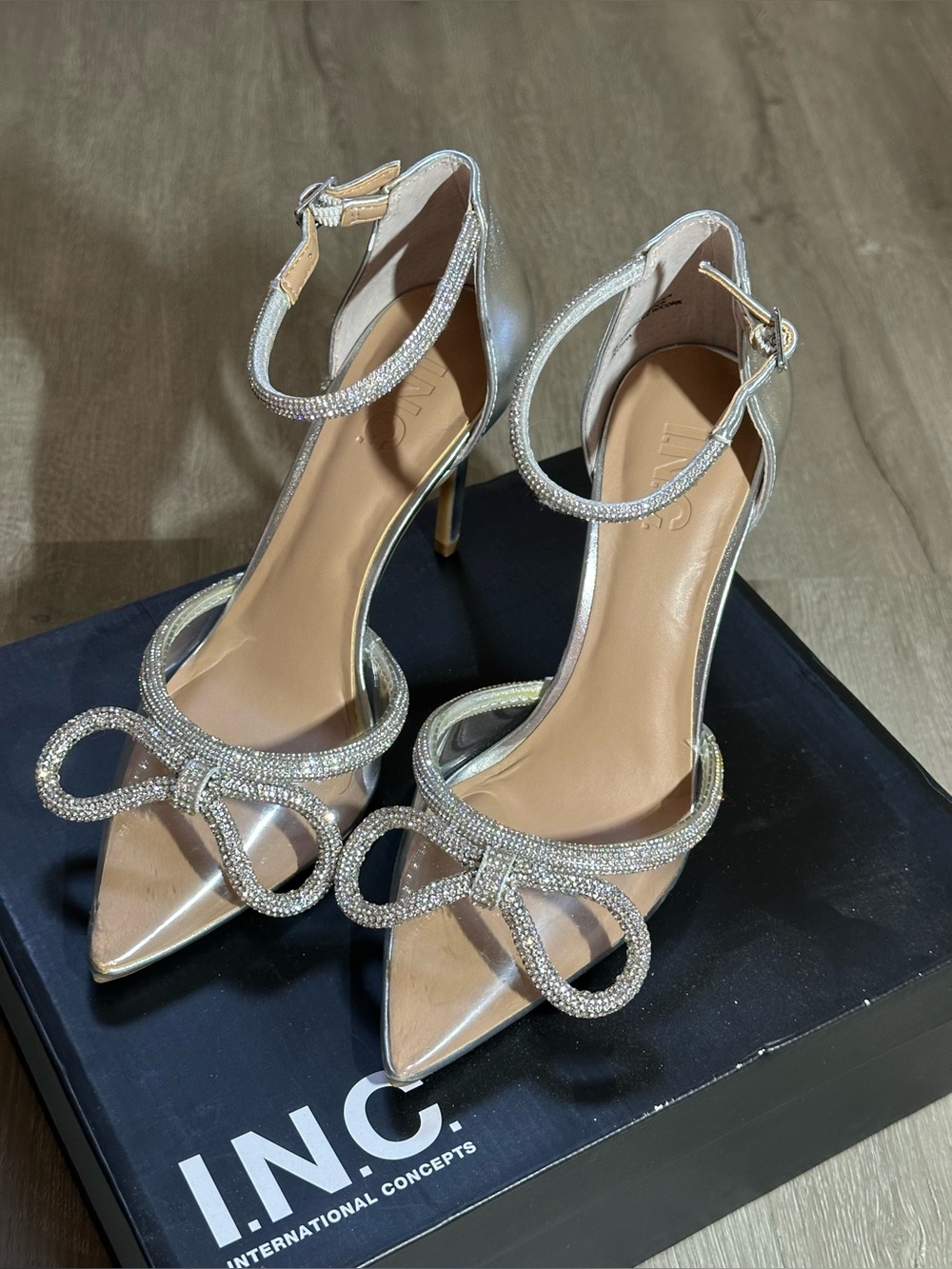 INC Sliver Rhinestone Bow Ankle-Strap Heels